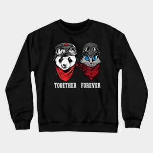 Cute Panda and cat couple in helmet and goggles with the words together forever. Crewneck Sweatshirt